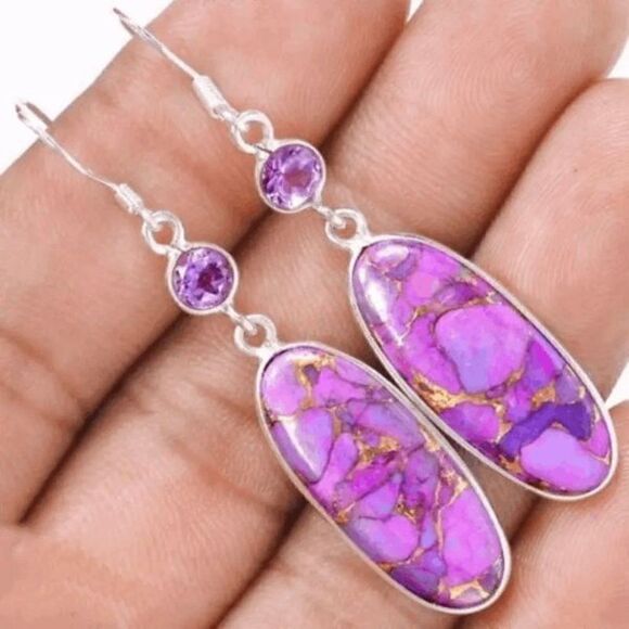 Oval Shape Purple Turquoise Diamond Dangle Earrings - Picture 2 of 6